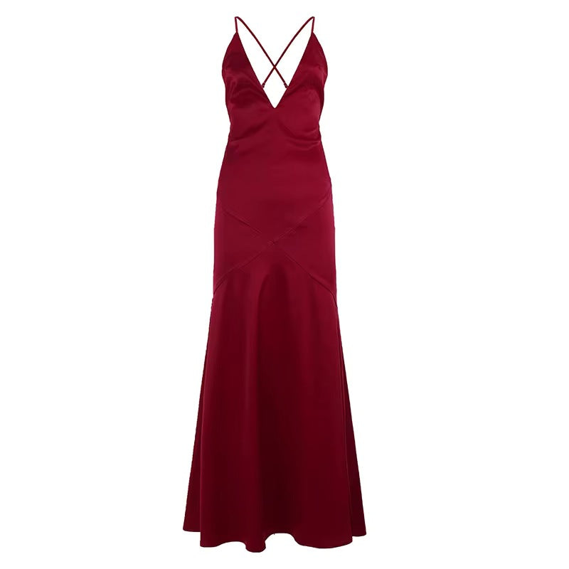Damen Maxikleid mit tiefem V-Ausschnitt und gekreuzten Spaghettiträgern EB