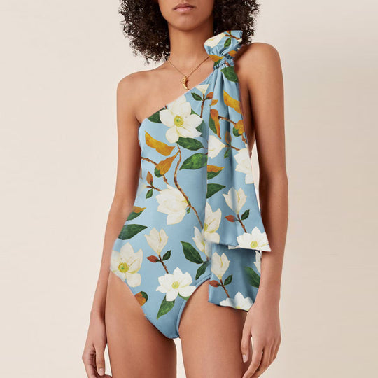 Damen Einseitiger Badeanzug mit floralem Design und elegantem Schleifen-Detail EB