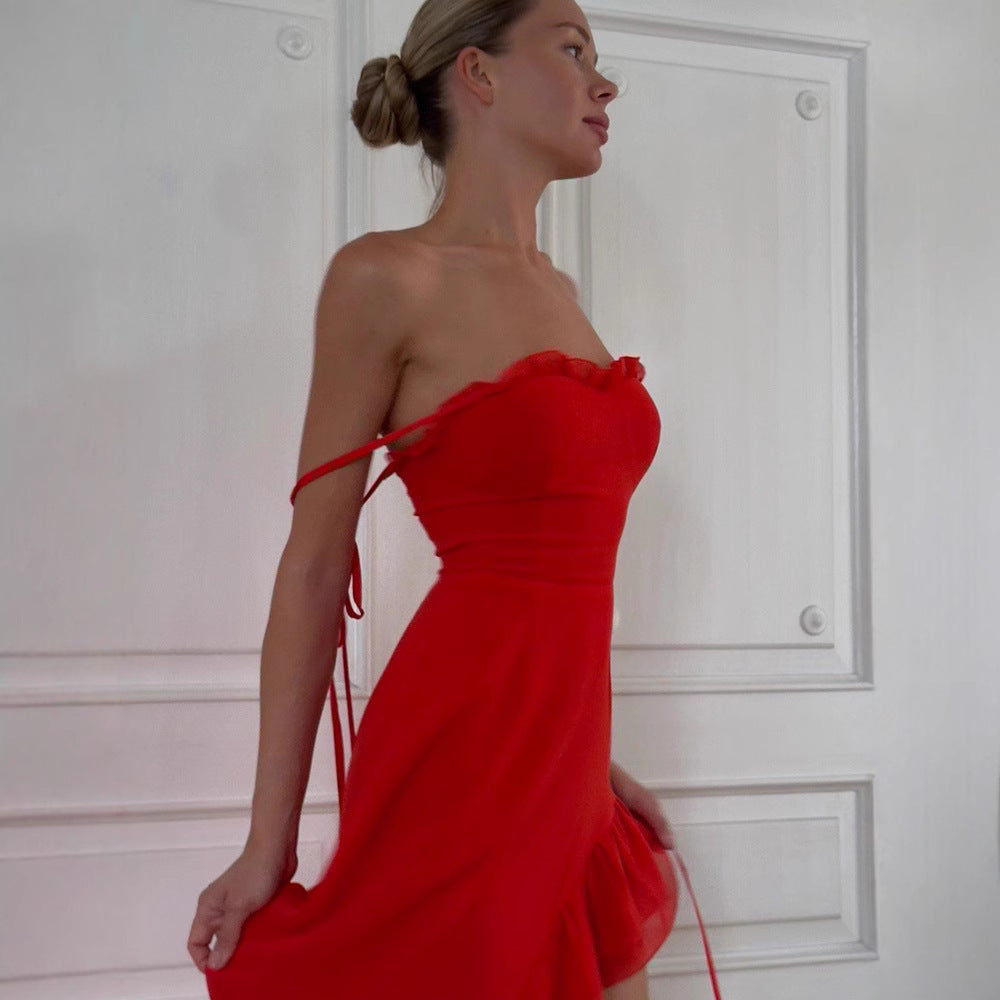 Damen asymmetrisches Abendkleid mit Rüschendetails und Spaghetti-Trägern EB