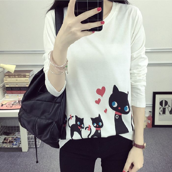 Damen Langarm-T-Shirt mit kreativem Katzenmotiv EB