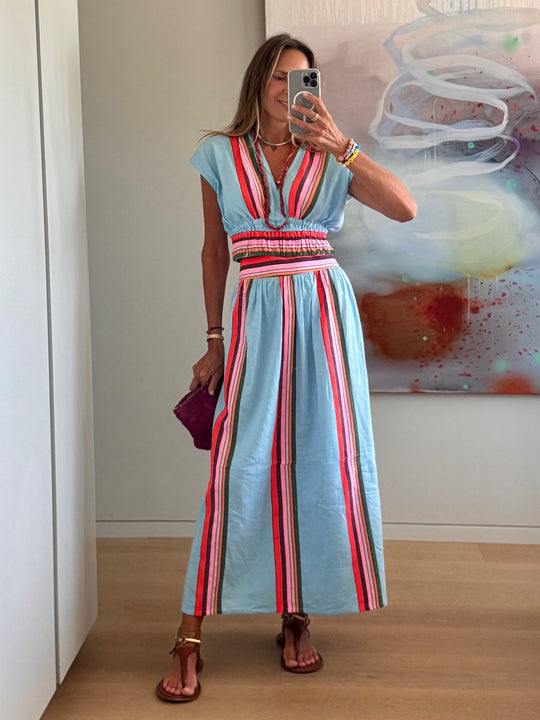 Damen Strandmaxi-Kleid mit elastischem Taillenbund und buntem Streifenmuster EB