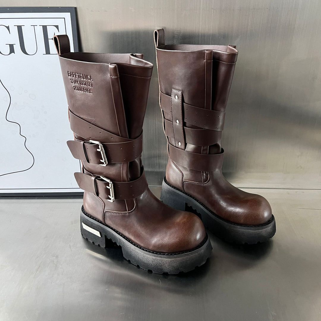 Damen Modische Biker-Stiefel mit robustem Profil und verstellbaren Schnallen EB