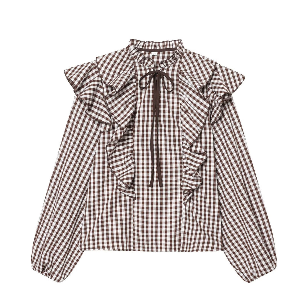 Damen Rüschenshirt mit klassischen Karomuster und eleganten Bindebändern EB