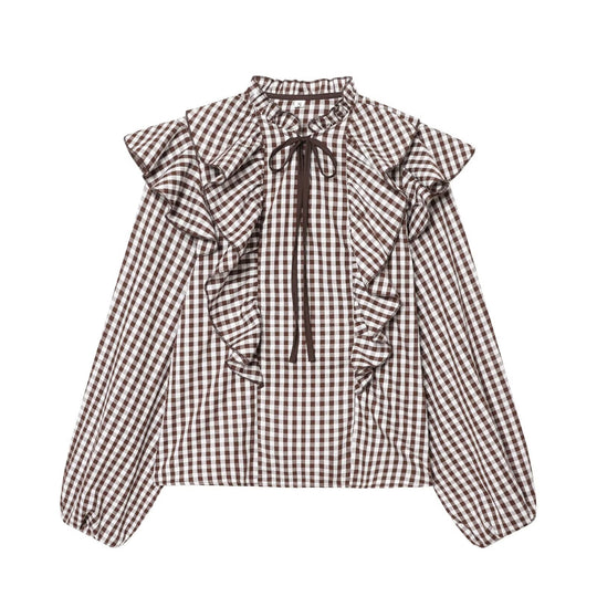 Damen Rüschenshirt mit klassischen Karomuster und eleganten Bindebändern EB