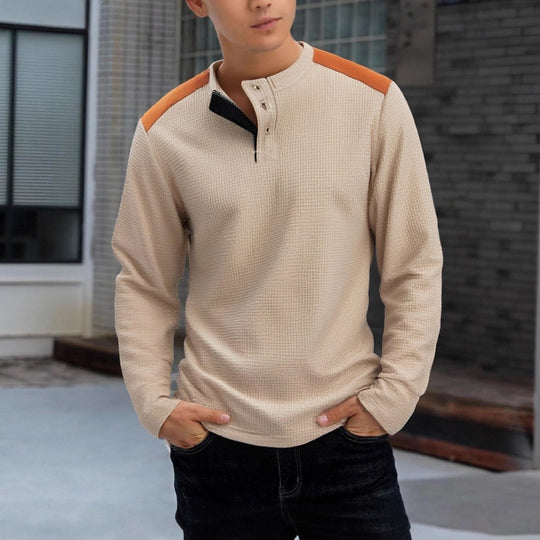 Herren nan strukturiertes Henley-Langarmshirt mit Stehkragen, Schulterpaspel und Waffelstruktur EB