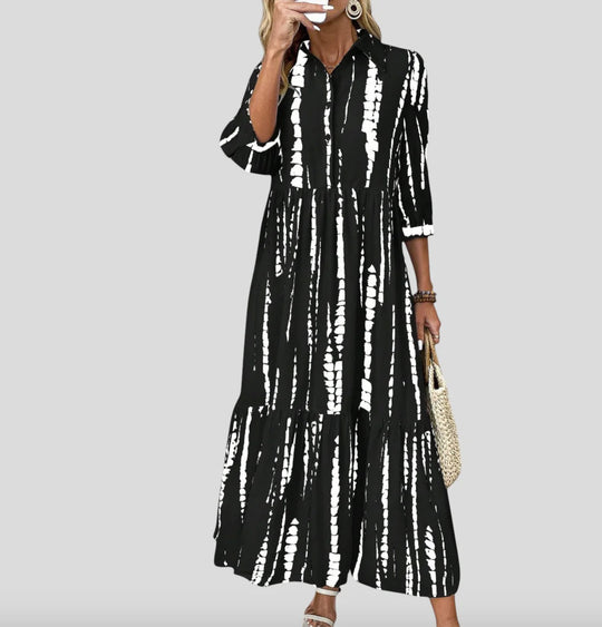 Damen Langarm Maxikleid mit modernen Streifenmuster und Taschen EB