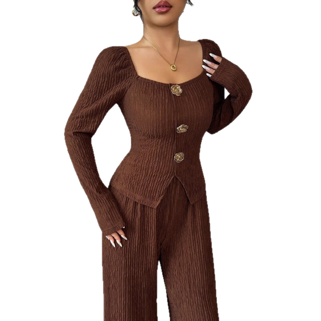 Damen nan tailliertes Blusen- und Hosen-Set aus Crinkle-Plissee mit Puffärmeln und Zierknöpfen EB