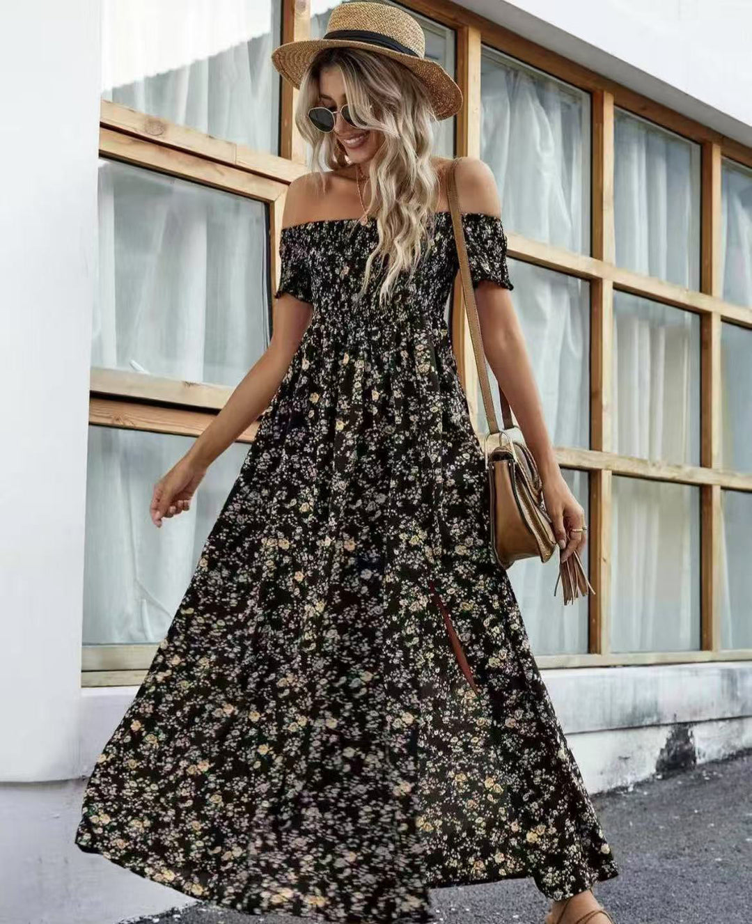 Damen luftiges Maxikleid mit schulterfreien Ärmeln und floralem Muster EB