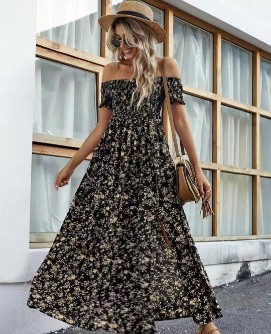 Damen luftiges Maxikleid mit schulterfreien Ärmeln und floralem Muster EB