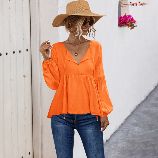 Damen lässige Bluse mit V-Ausschnitt und langen Puffärmeln EB