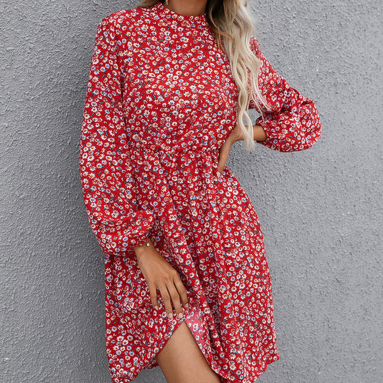 Damen florales Midikleid mit hochgeschlossenem Kragen und Taillengürtel EB