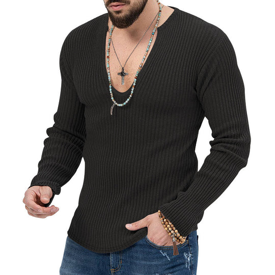 Herren Langarm-Rippenpullover mit tiefem V-Ausschnitt und modernem Schnitt EB