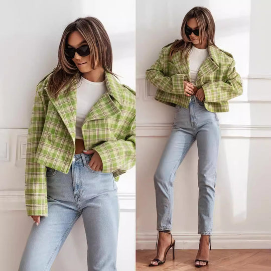 Damen Karierte Cropped Jacke EB