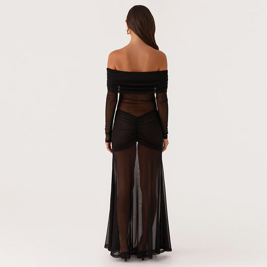 Damen durchsichtiges Maxikleid mit schulterfreiem Design und Rüschungen EB