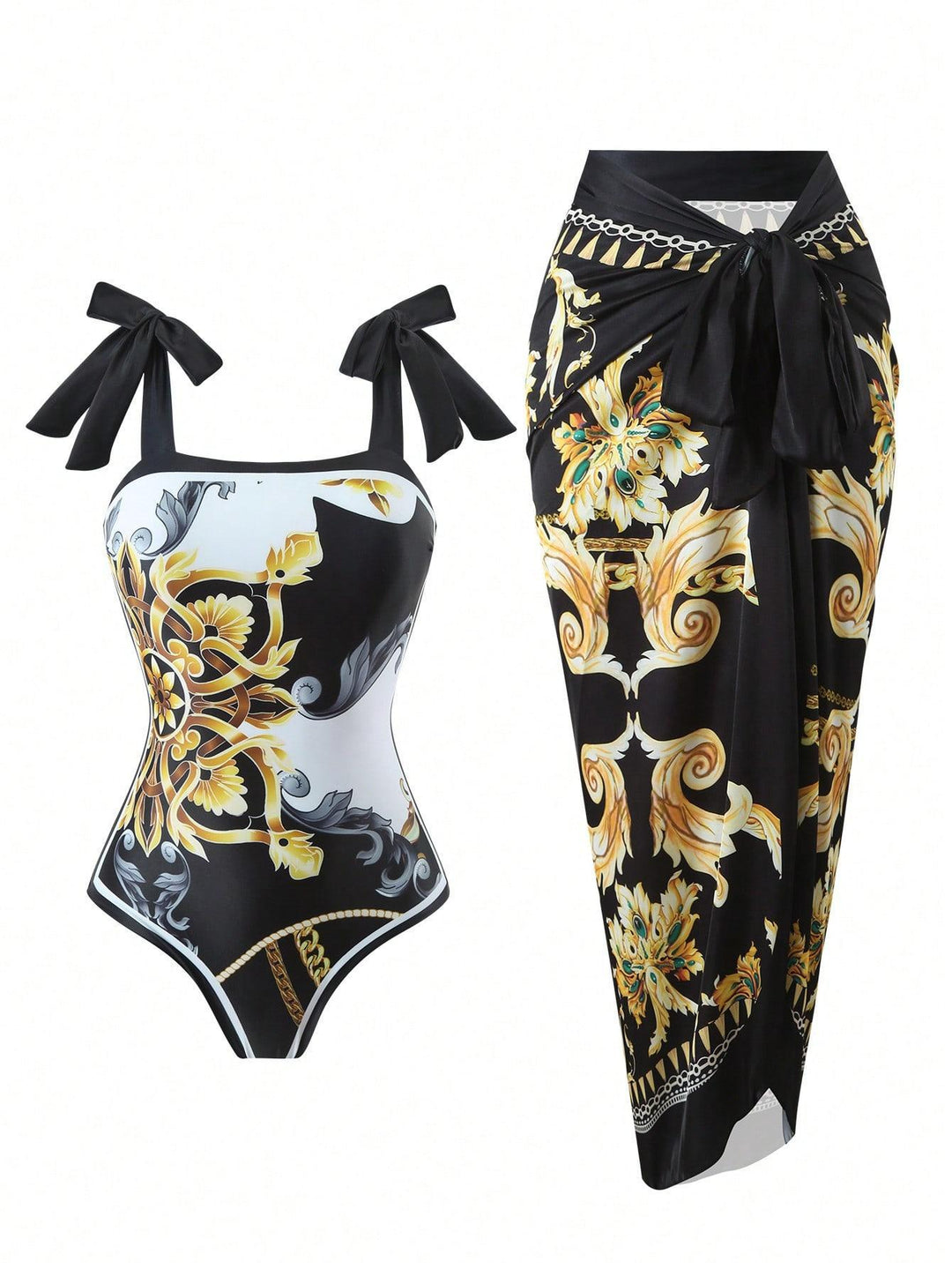 Damen Eleganter Badesuit mit floralen Akzenten und modischem Wickelrock EB