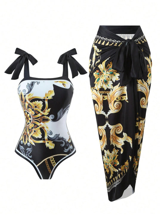 Damen Eleganter Badesuit mit floralen Akzenten und modischem Wickelrock EB