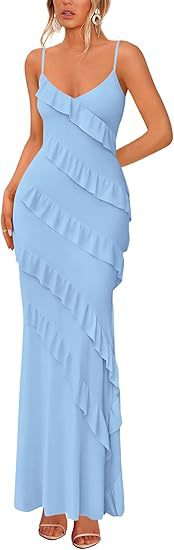 Damen Maxikleid mit Rüschen und Spaghettiträgern EB