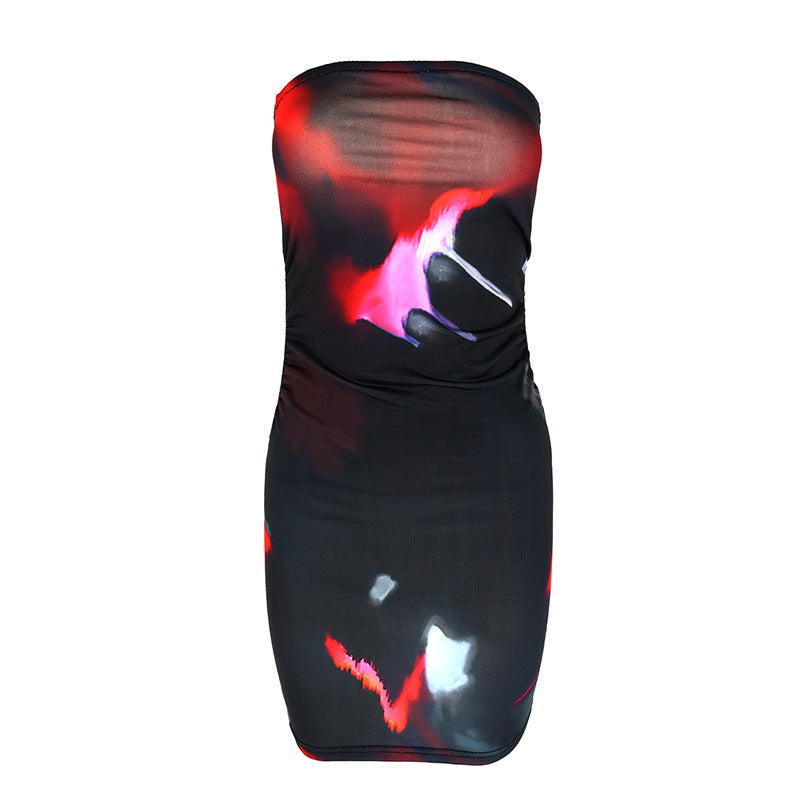 Damen ärmelloses Minikleid mit Raffung und modernem Muster EB