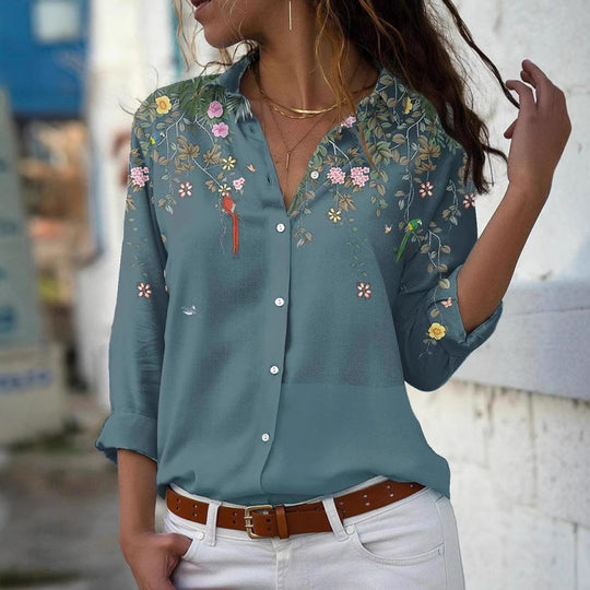 Damen nan leichte Chiffonbluse mit floralem Vogelprint, Knopfleiste und lässigem Schnitt EB