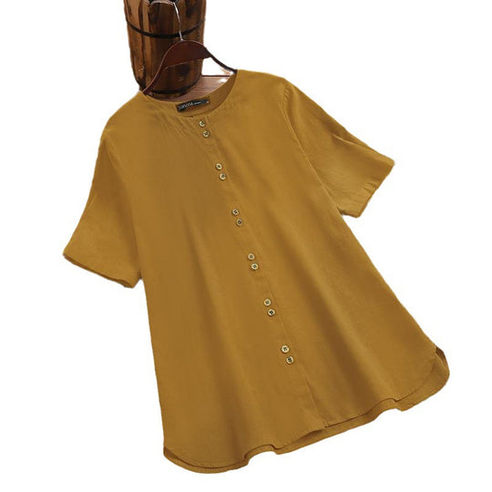 Damen Leinenbluse mit knöpfbarem Ausschnitt und lässigem Schnitt EB