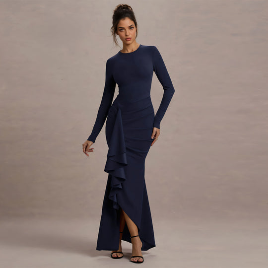 Damen elegantes Maxikleid mit asymmetrischem Rüscheneinsatz und langer Silhouette EB