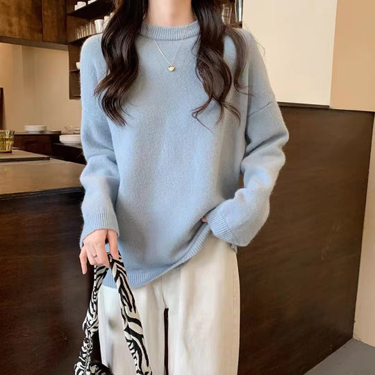Damen Hochwertiger Strickpullover mit klassischem Rundhalsausschnitt und lässigem Schnitt EB