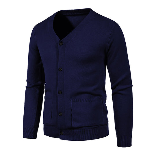 Herren nan schlanker Feinstrick-Cardigan mit V-Ausschnitt, Knopfleiste und aufgesetzten Taschen EB