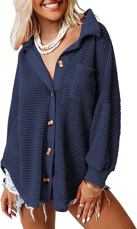 Damen lässige Waffle-Hemdenjacke mit Knopfverschluss EB