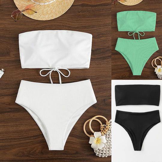 Damen Hoch tailliertes Bikini-Set mit geripptem Stoff EB
