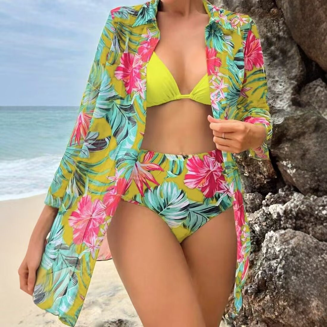 Damen Bikiniset mit floralem Muster und transparenter Strandüberwurf EB