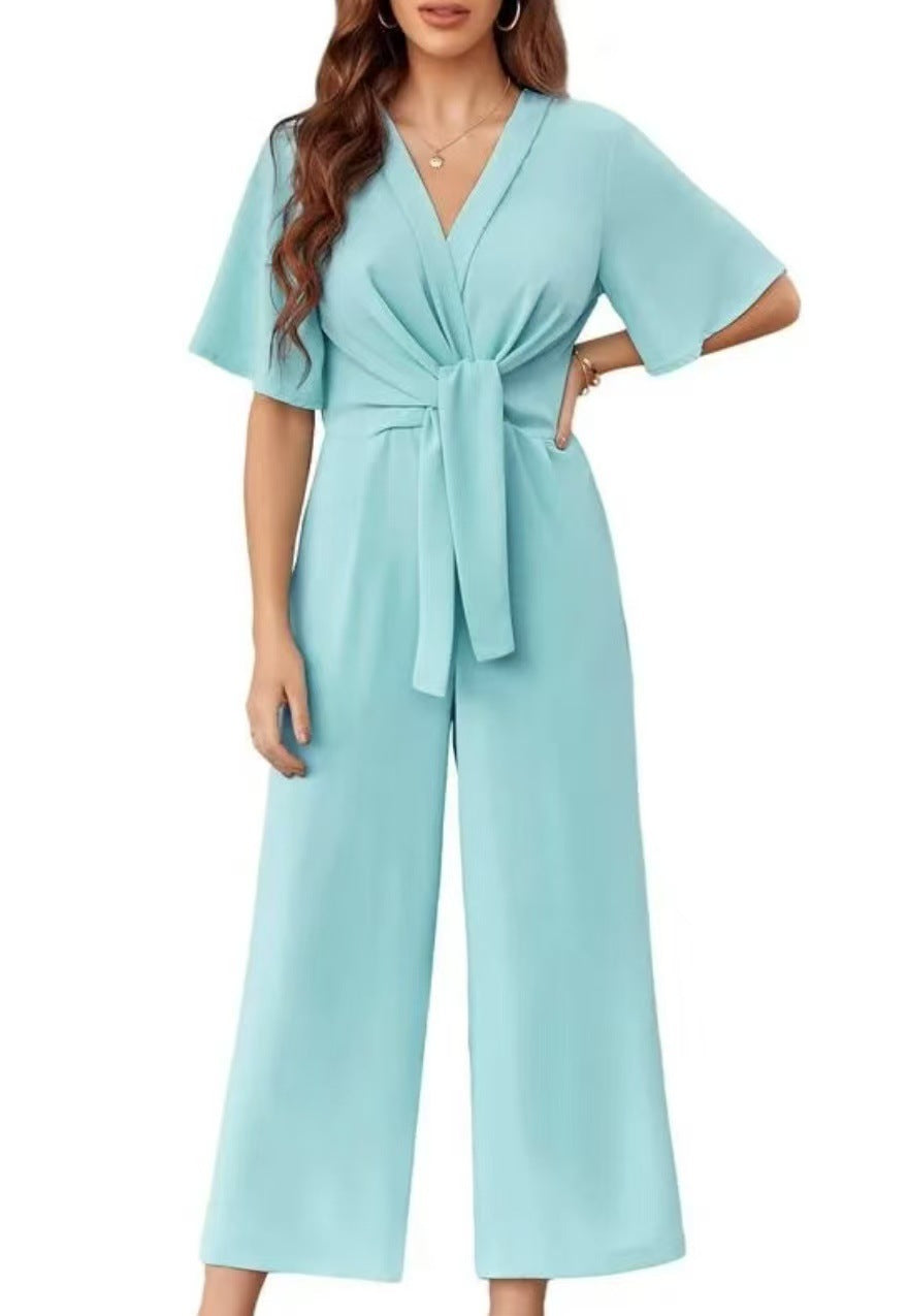 Damen eleganter Jumpsuit mit tiefem V-Ausschnitt und Poncho-Ärmeln EB