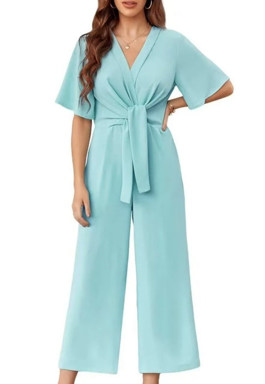 Damen eleganter Jumpsuit mit tiefem V-Ausschnitt und Poncho-Ärmeln EB