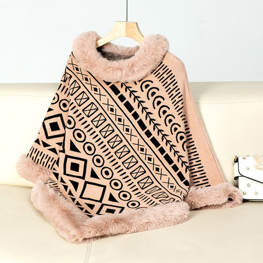 Damen modischer Poncho mit dekorativem Kunstfellkragen EB