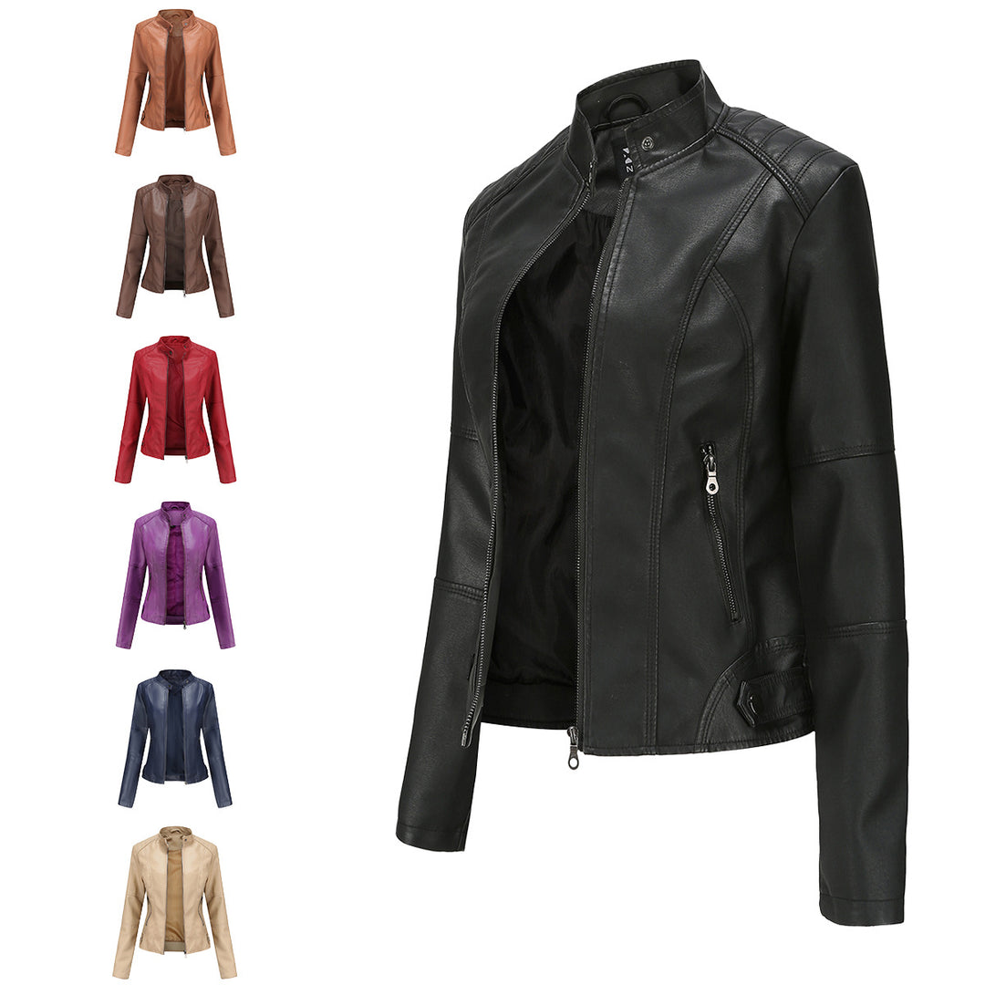 Damen nan taillierte Kunstlederjacke mit Stehkragen und durchgehendem Reißverschluss EB