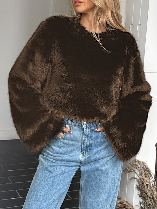 Damen nan kuscheliger Cropped-Faux-Fur-Pullover mit ausgestellten Ärmeln EB