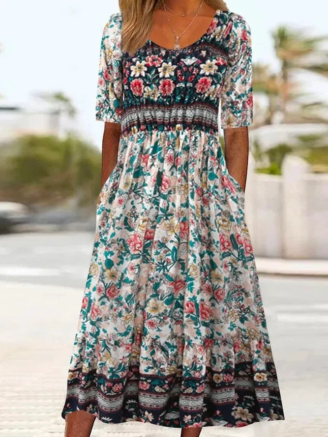 EB | Rundhalsausschnitt Kurzarm Bohemian Print Kleid Frauen