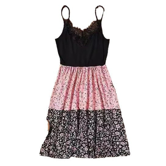 Damen Blumenkleid mit Spitzenoberteil und gefächertem Rock EB