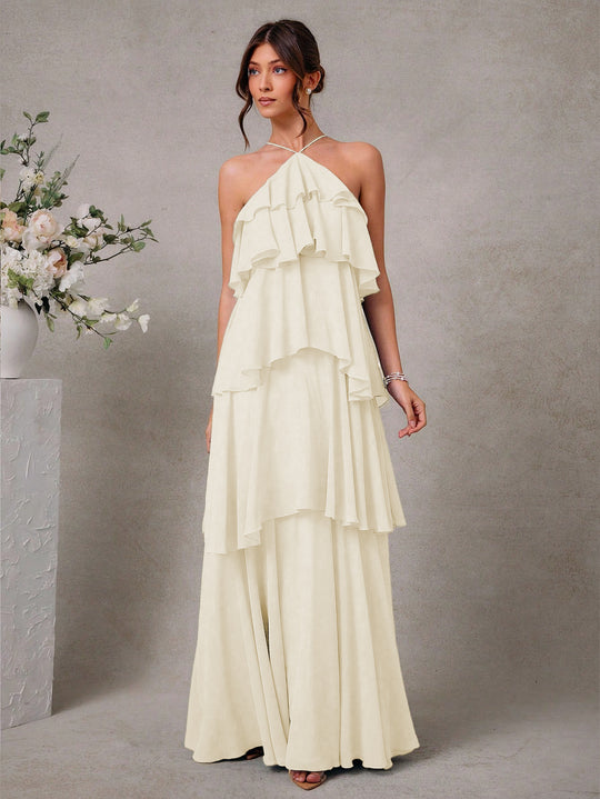 Damen Maxikleid mit voluminösen Rüschendetails und elegantem V-Ausschnitt EB