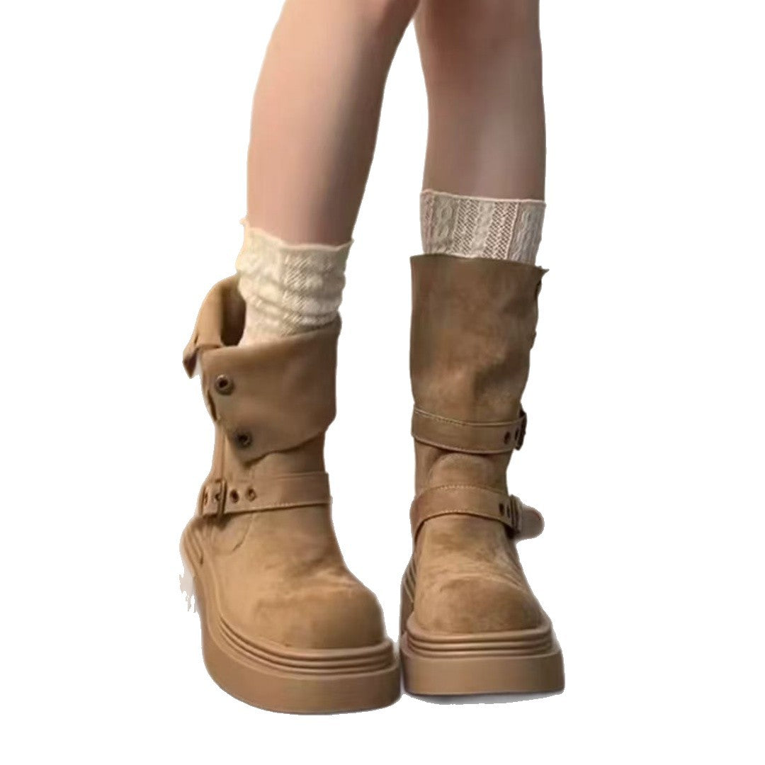 Damen Trendige Stiefel mit praktischem Schnallenverschluss und dicker Sohle EB