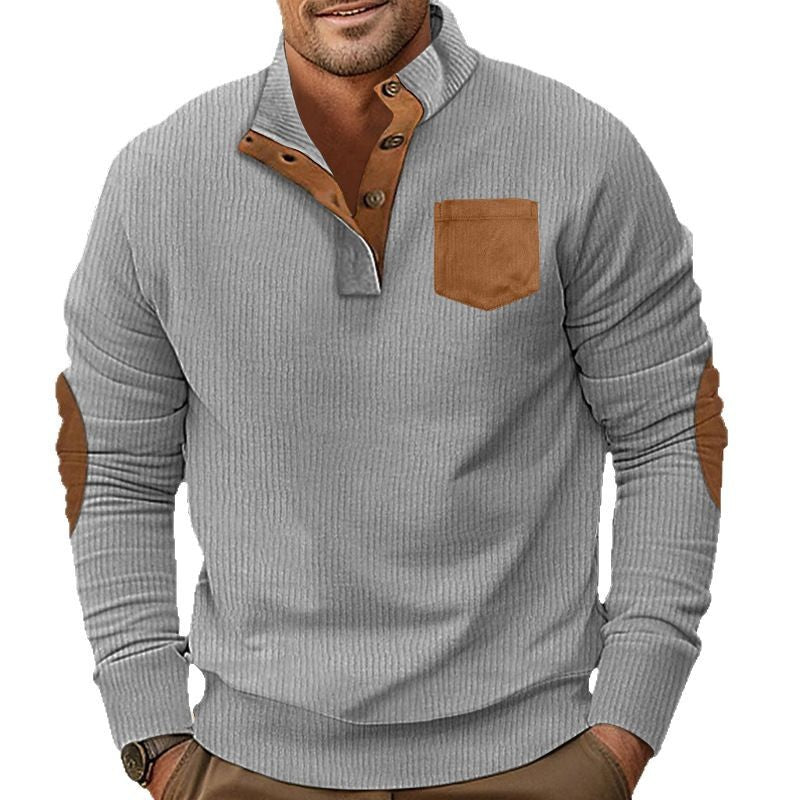 Herren nan strukturiertes Halbknopf-Troyer mit Kentkragen, Brusttasche und Lederoptik-Ellbogenpatches EB