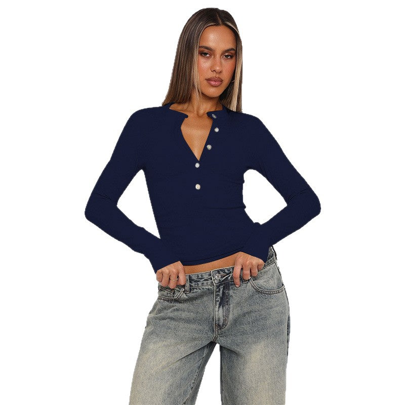 Damen Langarmshirt mit Knopfleiste und figurbetontem Schnitt EB
