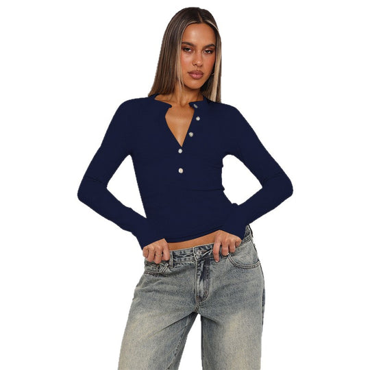 Damen Langarmshirt mit Knopfleiste und figurbetontem Schnitt EB