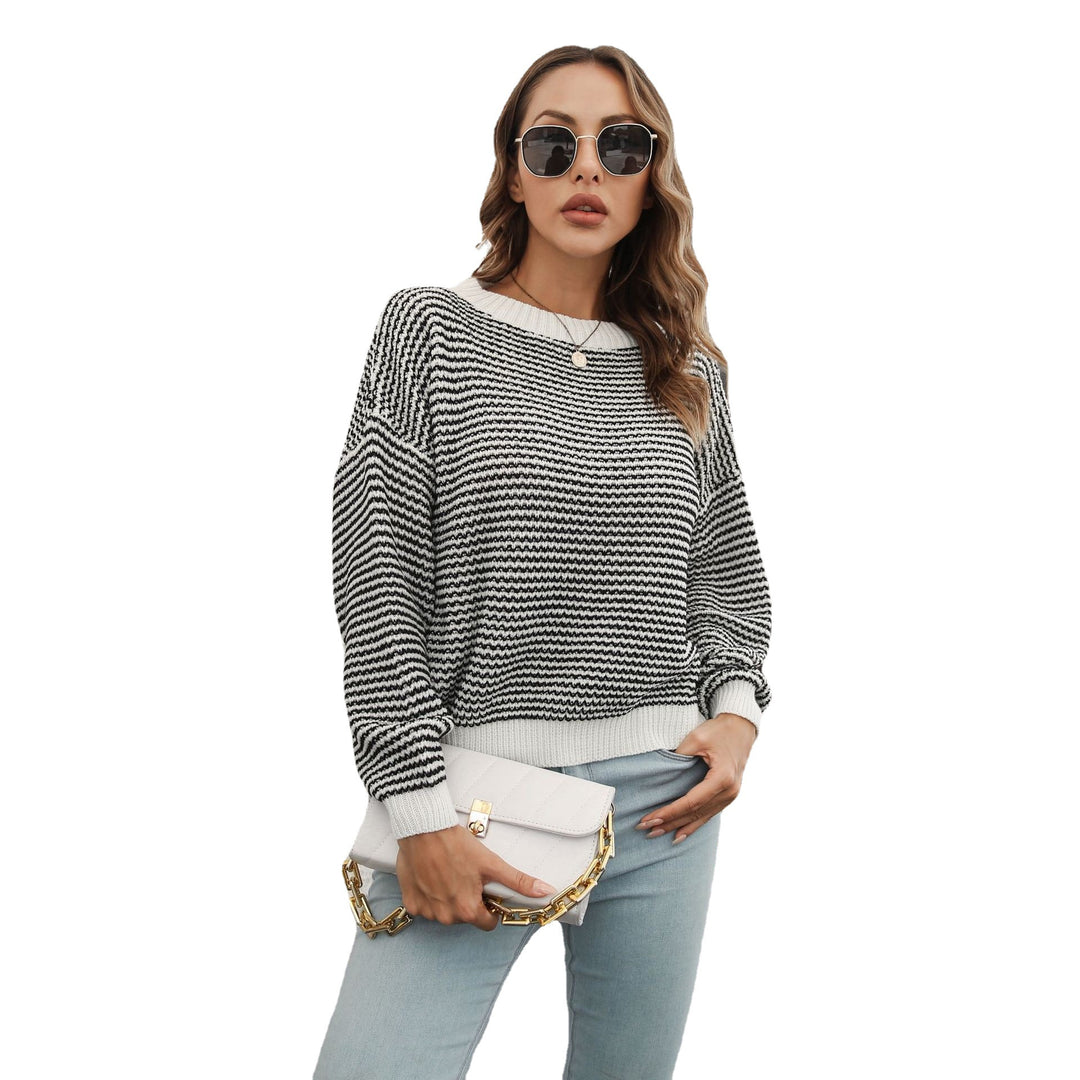 Damen Weit geschnittener Strickpullover mit modernem Wellenmuster und weitem Ausschnitt EB