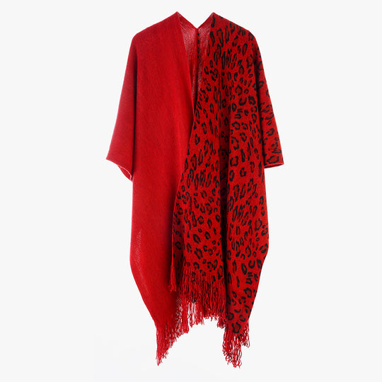 Damen Zweifarbiger Wollmix-Mantelponcho im Kimono-Schnitt mit Animal-Jacquard und Fransensaum EB