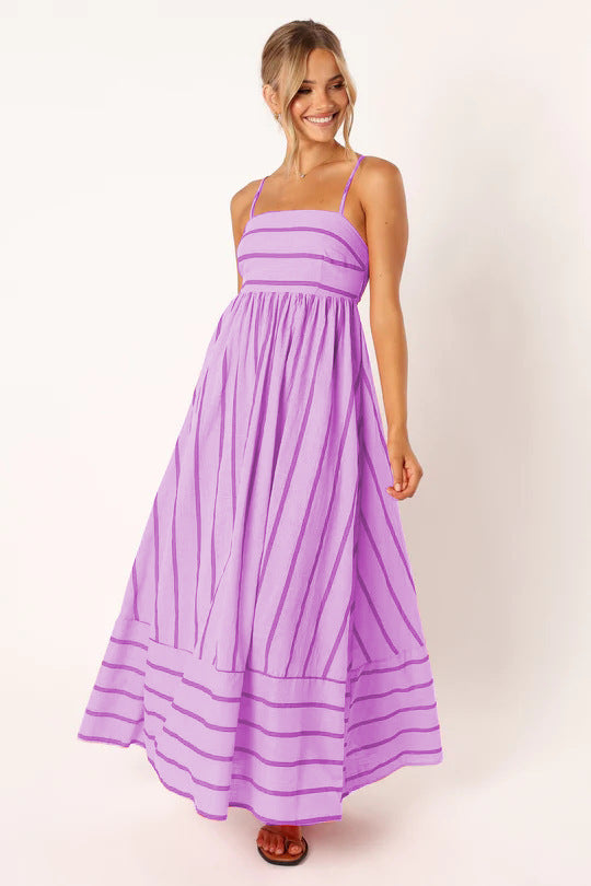 Damen Maxi-Kleid mit schmalen Spaghettiträgern und eleganten Querstreifen EB