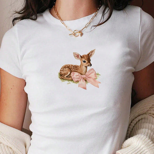 Damen Crop-T-Shirt mit bezauberndem Reh-Motiv und zartem Schleifendetail EB