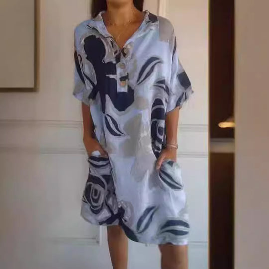 Damen luftiges Strandkleid mit modischem Muster und seitlichen Taschen EB