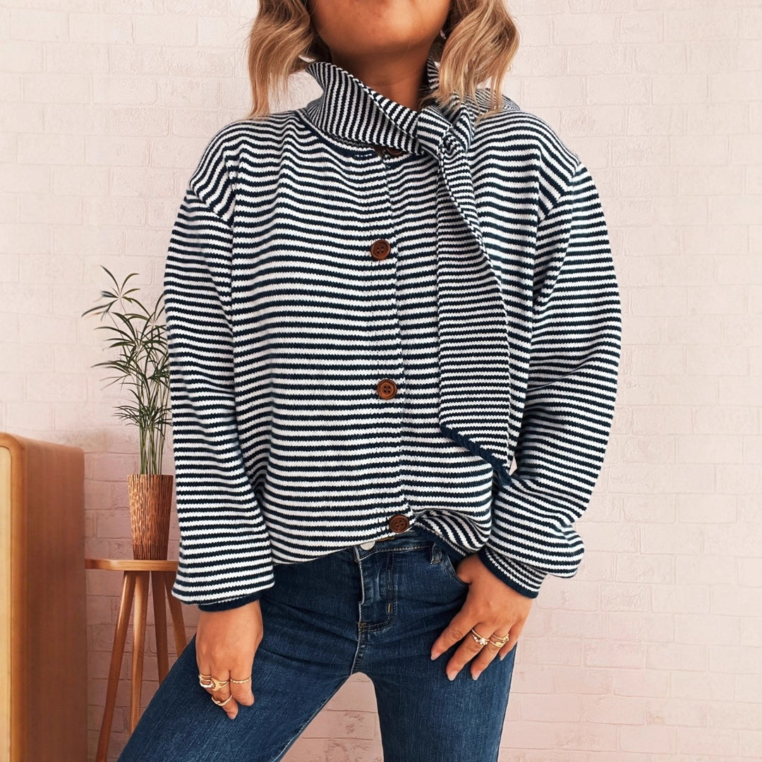 Damen gestreifte Strickjacke mit modernem Kragen und Knopfverschluss EB