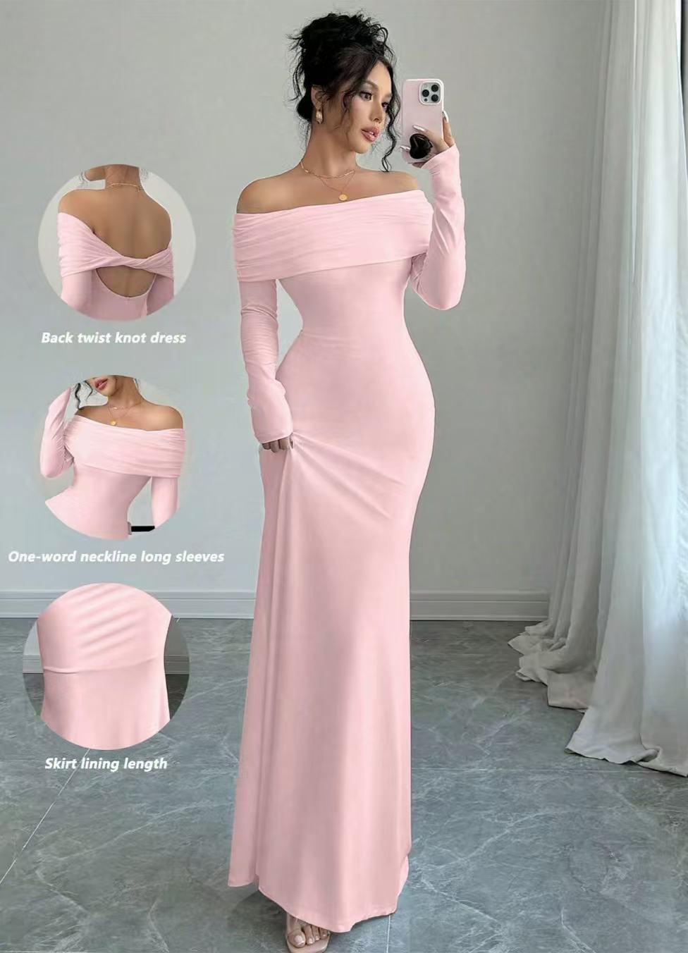 Damen Elegantes Off-Shoulder-Maxikleid mit figurbetontem Schnitt und langen Ärmeln EB