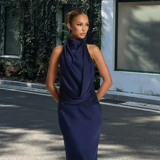 Damen elegantes Abendkleid mit tiefem Wasserfall-Ausschnitt und innovativer Drapierung EB